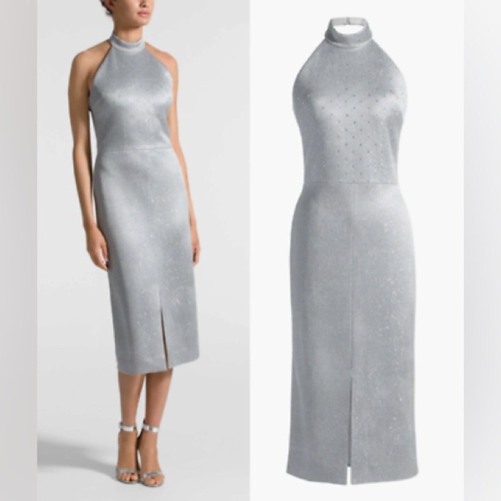 St. John Collection Sequin Birdseye Hater Dress with Front Slit grey